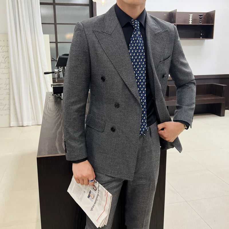 Men Vintage Luxury Double Breasted Slim Fit Lapel Evening Gown ltalian Style Fashion High-end Groom Wedding Party Tuxedo 2 Piece