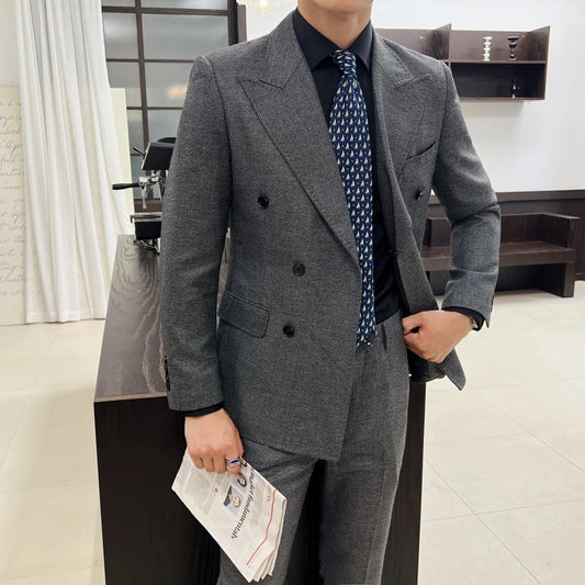 Men Vintage Luxury Double Breasted Slim Fit Lapel Evening Gown ltalian Style Fashion High-end Groom Wedding Party Tuxedo 2 Piece