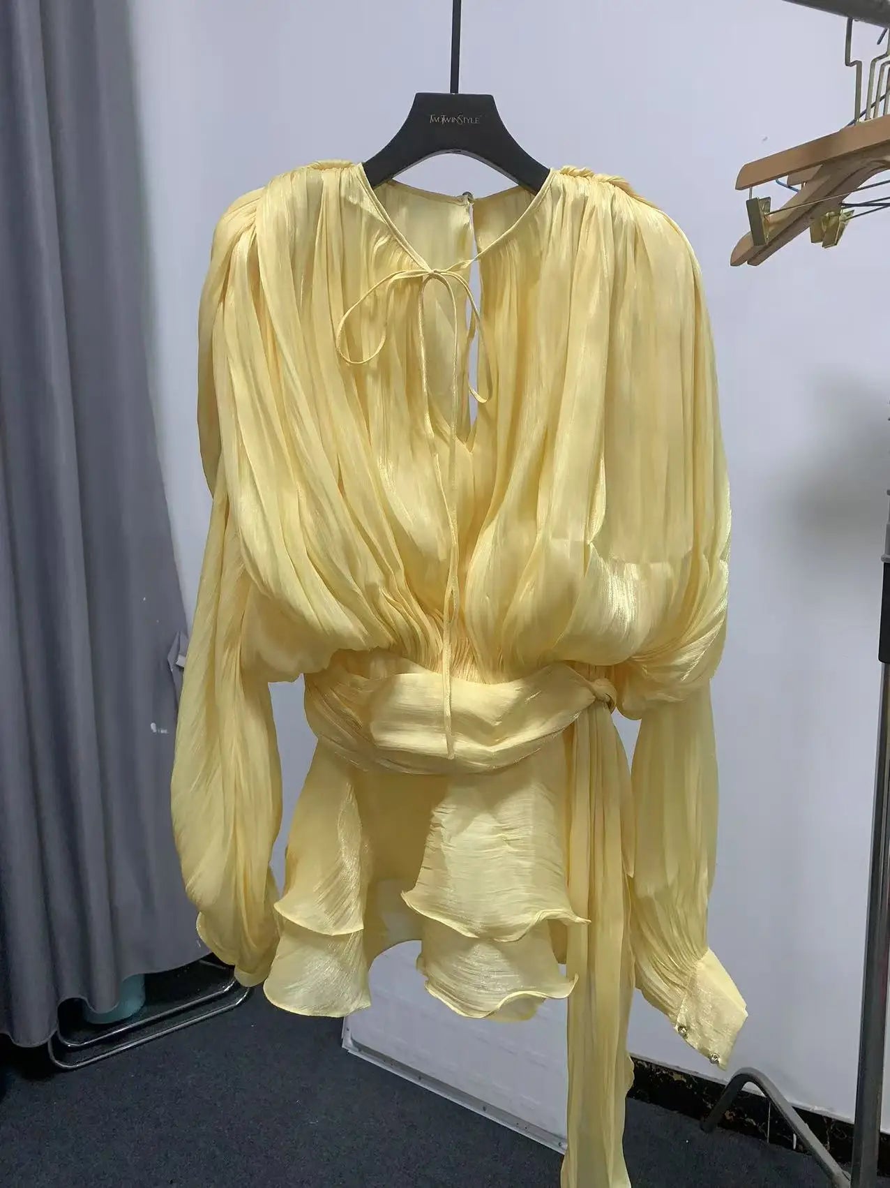 Solid Loose Splicd Lace Up Dresses For Women V Neck Long Sleeves Patchwork Ruffles Tunic Dreses Female Fashio New