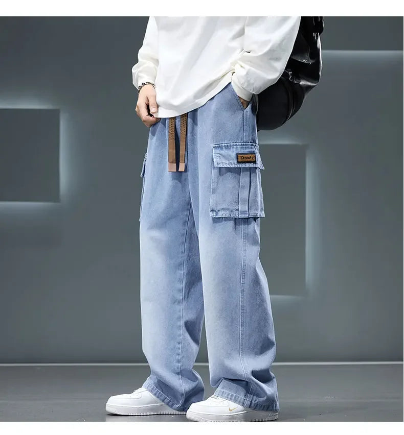 Autumn New Wide Leg Washing Jean Pants Men Trousers Neutral Solid Color Loose Casual Fashion Pocket Cargo Pants Big Size 8xl