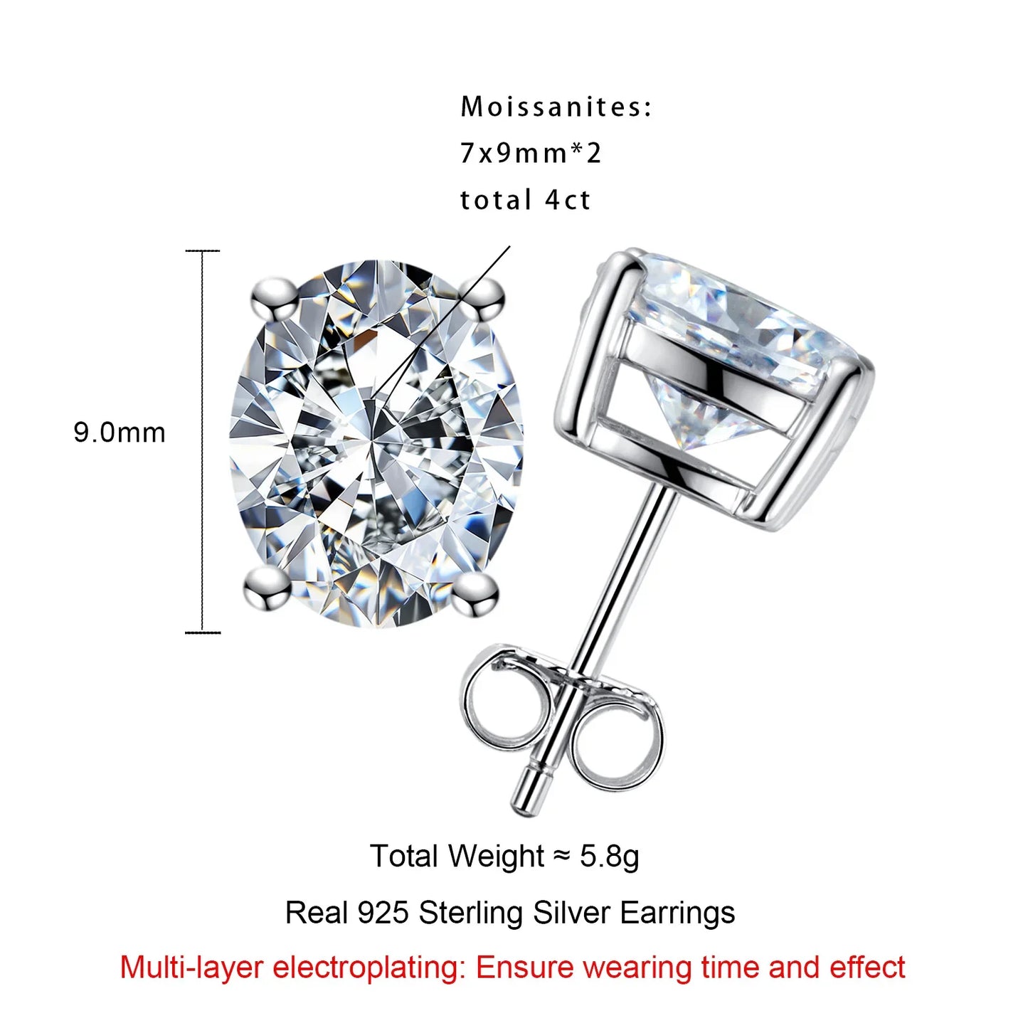 1cttw-6cttw Oval Moissanites Earrings 925 Sterling Silver D Color VVS1 Moissanite Classic Stud Earrings for Woman