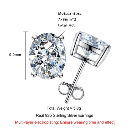 1cttw-6cttw Oval Moissanites Earrings 925 Sterling Silver D Color VVS1 Moissanite Classic Stud Earrings for Woman