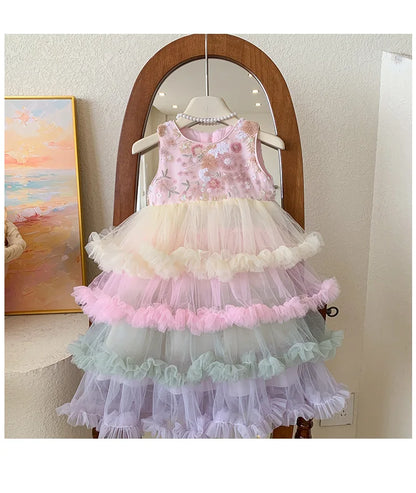 Vestido Regata para Meninas Verão 2025 Novo Vestido Elegante de Malha com Babados para Meninas Vestido Princesa Roupa Infantil de Fada