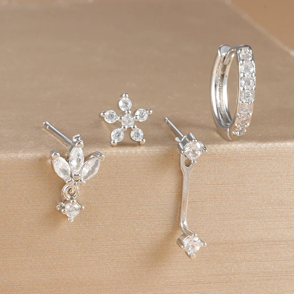 4PCS Stainless Steel Circle Huggie Hoop Earrings Set for Women Gold Color Unique Zircon Flower Stud Earring Piercing Jewelry