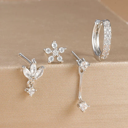 4PCS Stainless Steel Circle Huggie Hoop Earrings Set for Women Gold Color Unique Zircon Flower Stud Earring Piercing Jewelry