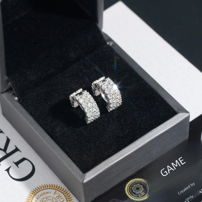 Sparkling Real 3-Row Full Moissanite Hoop Earrings for Women Fine Jewelry S925 Silver Diamond Small Ear Buckle Earring Gift