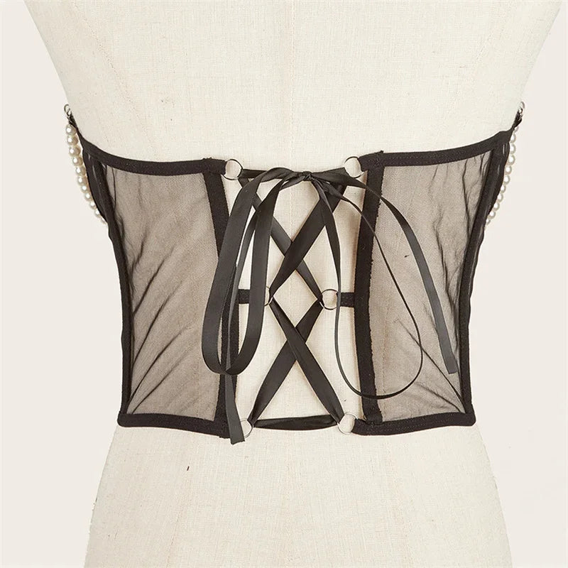 Pearl Chain Bustiers Tied Waspie Wide Belt Cinchers Underwire Lace-up Underbust Corset Bustier Corsets Tops Boned Corset
