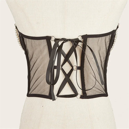 Pearl Chain Bustiers Tied Waspie Wide Belt Cinchers Underwire Lace-up Underbust Corset Bustier Corsets Tops Boned Corset
