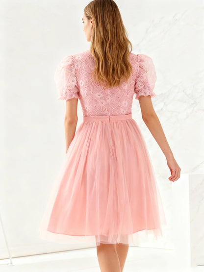 New Summer Girls' Princess Dress With Round Neck Print French Pink Short Sleeve Netting Patchwork Skirt