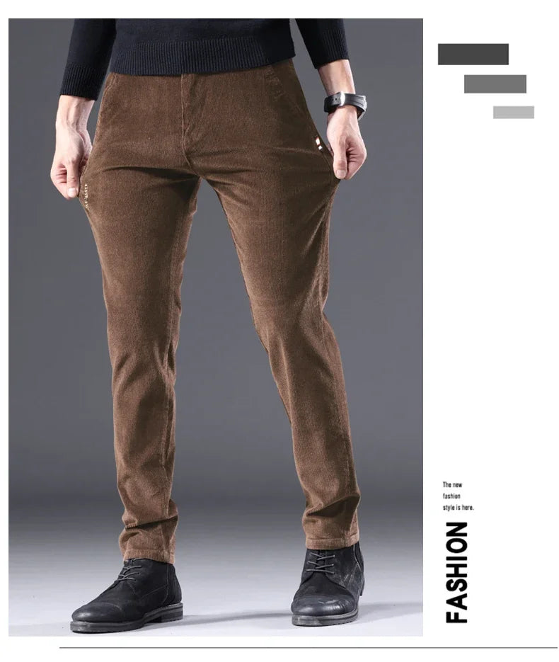 Men's Corduroy Slim Casual Pants 2024 Autumn New Coffee Fashion Stretch Straight Trousers Solid Color Male Clothes
