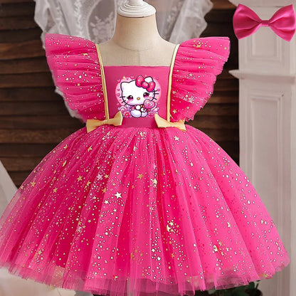 Princess Dress for Girls Sequined Star Ruffle Bow Tutu Gown Baby Formal Gala Prom Gown Kids Evening Party Costume