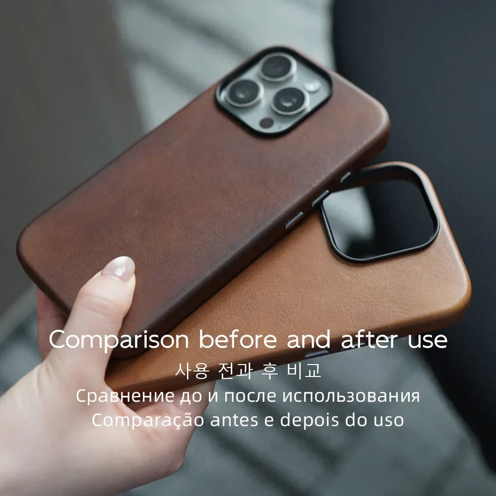 Magnetic Genuine Leather Case for iPhone 17 16 Pro Max 15 14 Compatible with MagSafe Nature Cowhide Retro Phone Cover