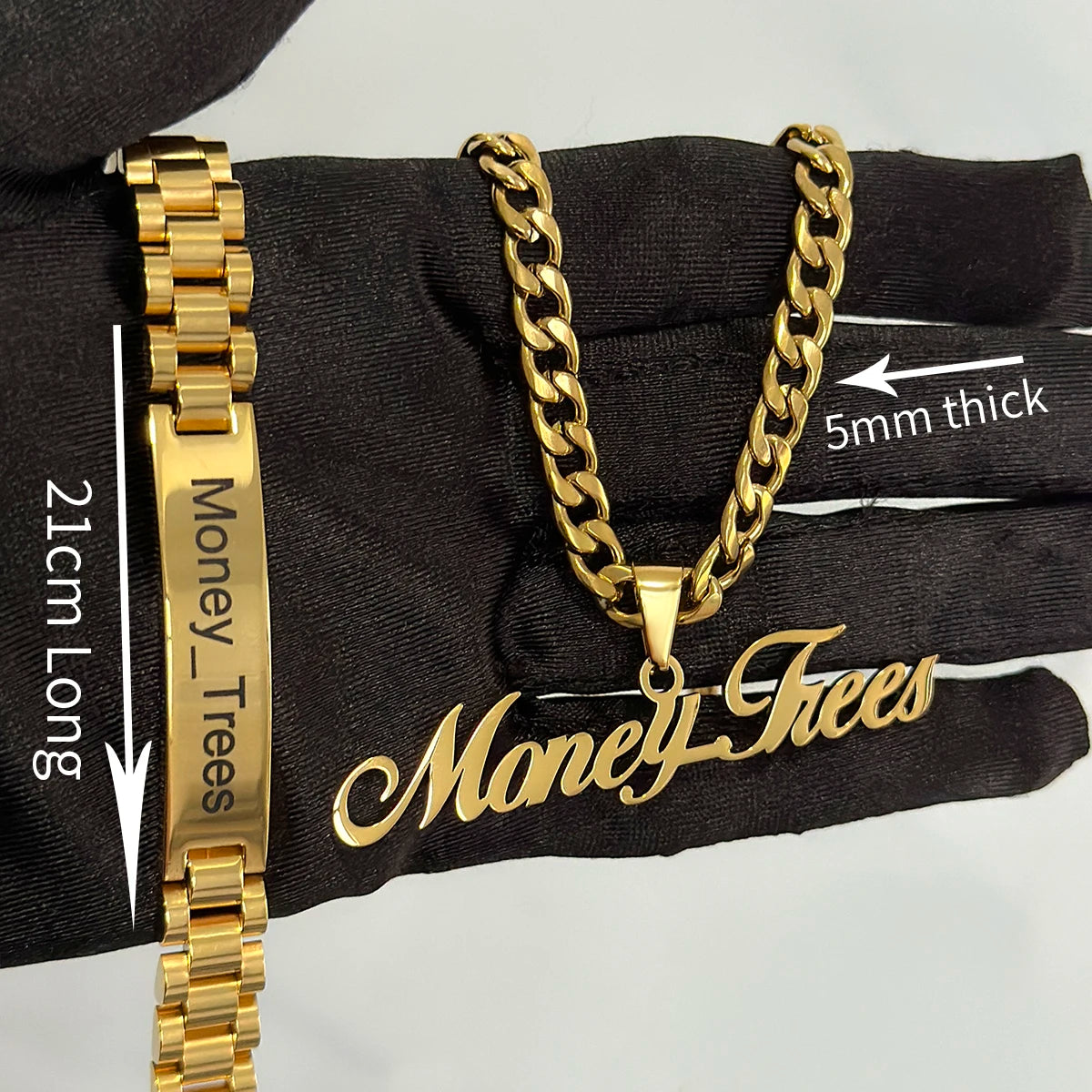 New Men's Name Bracelet Necklace Set Stainless 5mm Cuban Chain Large Nameplate Pendant Carved Name Bracelet Custom Set Jewelry