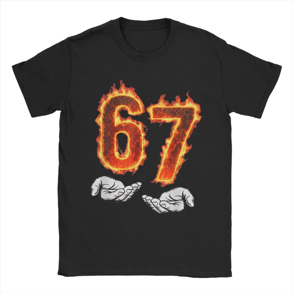 6 7 Meme Six Seven 67 Hands Meme Fire Printed T-Shirt for Men Women Leisure Cotton Tees Round Neck Short Sleeve T Shirt 3XL Tops