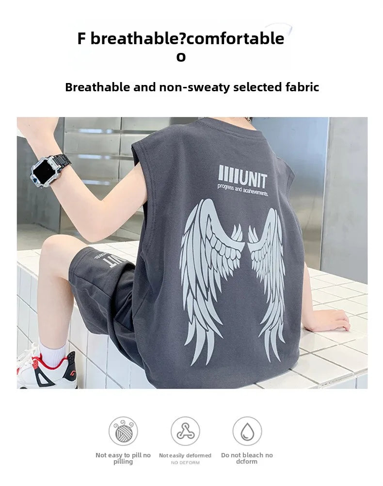 Big Child Cotton Summer Suit for Teens Boy Wing Print Cotton Tshirt + Shorts 2PCS Clothing Set Kids Adult Fashion Street Outfit