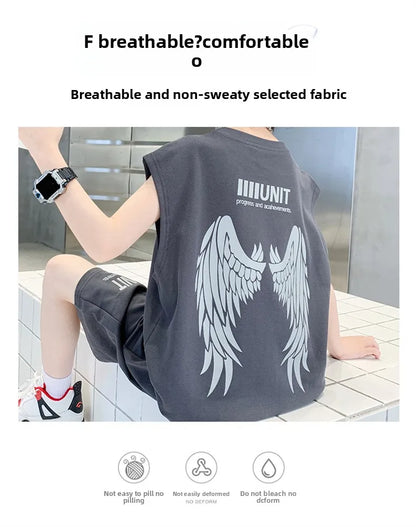 Big Child Cotton Summer Suit for Teens Boy Wing Print Cotton Tshirt + Shorts 2PCS Clothing Set Kids Adult Fashion Street Outfit