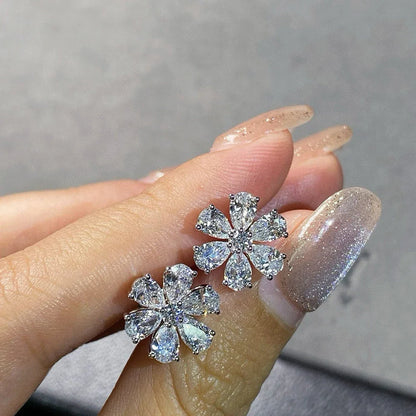 Cluster Flower Full Moissanite Stud Earrings for Women Pear Cut Lab Diamond Earring 925 Sterling Silver Ear Studs Fine Jewelry