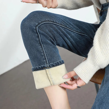 Calças Jeans Femininas de Inverno Quentes de Lã Retrô Elásticas Grossas Confortáveis Retas Modernas Coreanas Casuais de Veludo Denim