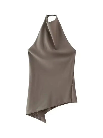 Womens Satin Halter Neck Top Asymmetrical Hem Sleeveless Blouse Elegant Party Club Summer Streetwear Crop Top