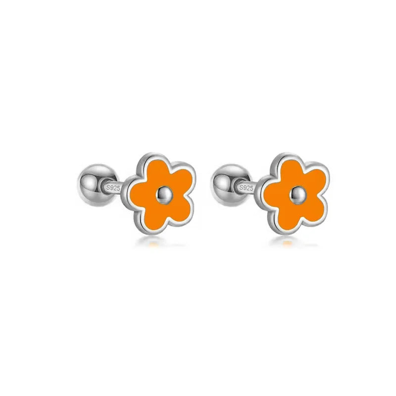 925 Sterling Silver Romantic White Enamel Flower Screw Bead Stud Earrings for Women Fashion Simple Piercing Jewelry Gift