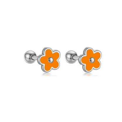 925 Sterling Silver Romantic White Enamel Flower Screw Bead Stud Earrings for Women Fashion Simple Piercing Jewelry Gift