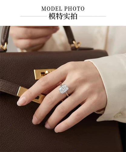S925 Silver 8 * 11mm Fat Square White Zircon Ice Flower Cutting Ring Set with Classic Commuter Women's Jewelry