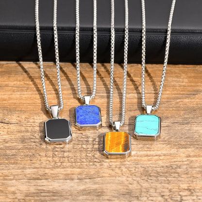 Trendy Pendant Necklaces for Men Boys,Square Natural Stone Stainless Steel Necklaces,Hip Hop Cool Healing Jewelry Gifts