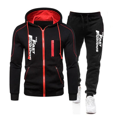 Autumn Winter Popular Mens Tracksuit Zipper Hooded Jacket+Running Pants 2 Piece Set Fast and Furious Print Casual Coat Clothing