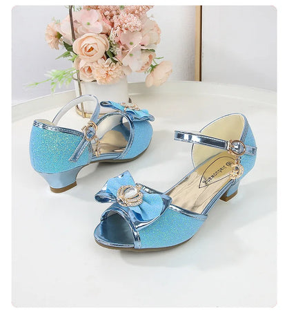 Girls Princess Sandals Summer Open-toe Elegant Children High Heels Fashion Sequins Crown Kids Causal Glitter Wedding Dress Shoes