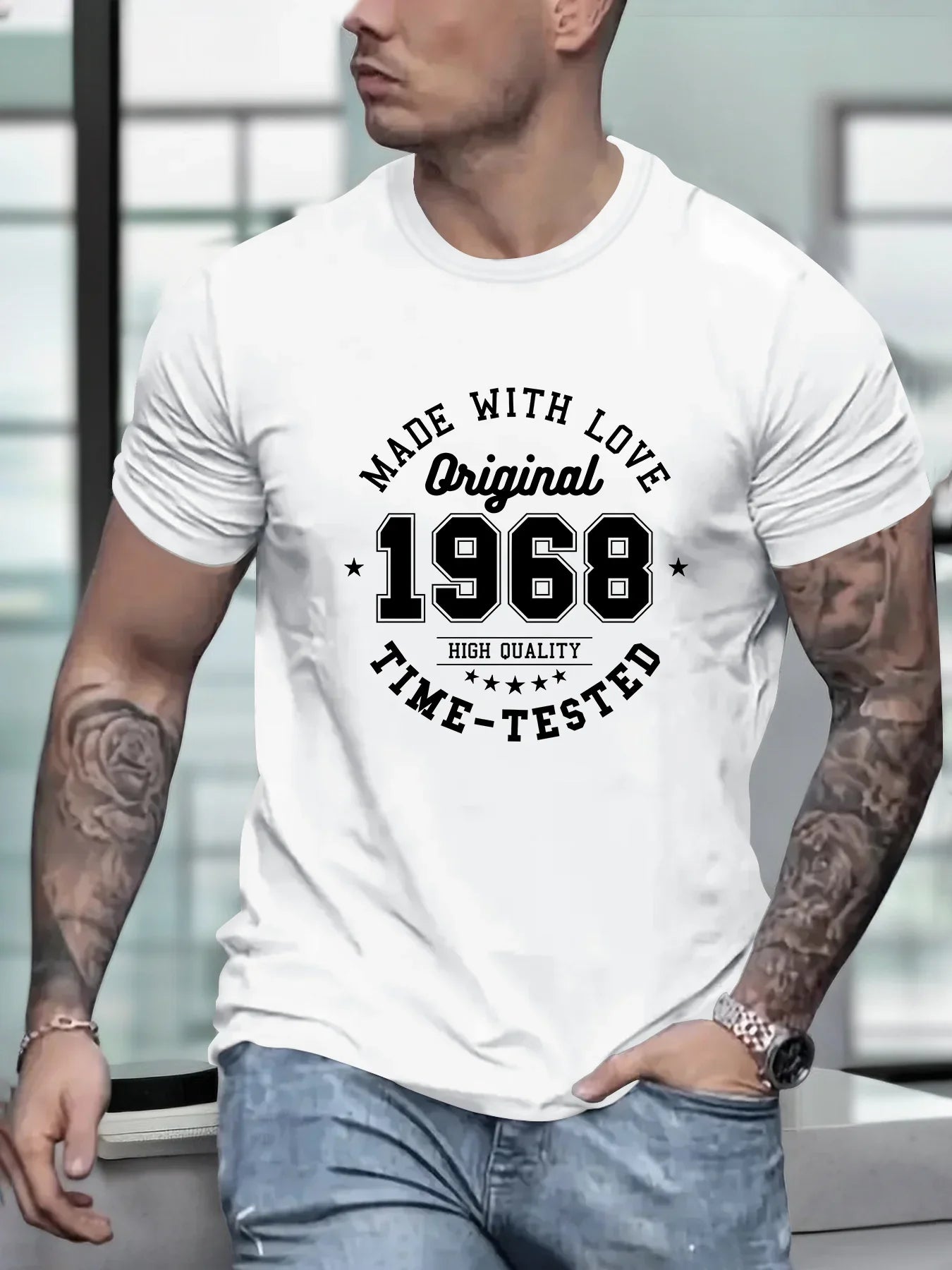 Men's summer 100% cotton MADE MITH LOVE 1968 printed fashionable casual sports loose round neck short sleeved T-shirt top