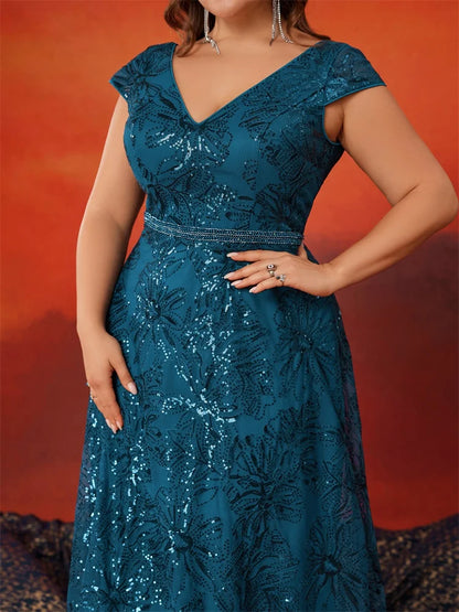 Vestido de festa plus size elegante com lantejoulas e decote V nas costas, manga curta, luxuoso, longo, estilo A-line, para formatura, casamento, festa e coquetel
