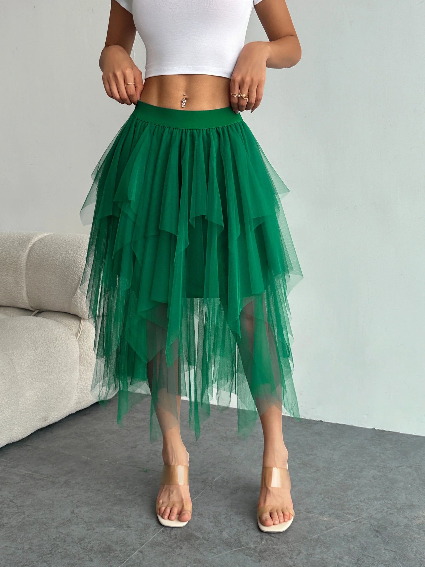 Ladies' high waisted elastic waist layered chiffon midi skirt with irregular asymmetric hem party casual mesh fairy ballet skirt