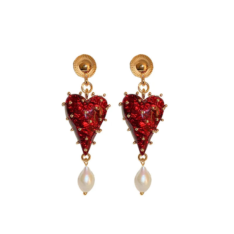 Charming Red Color Resin Love Heart Dangle Earrings for Women Baroque Freshwater Pearl Long Earring Wedding Party Jewelry