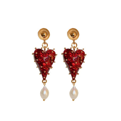 Charming Red Color Resin Love Heart Dangle Earrings for Women Baroque Freshwater Pearl Long Earring Wedding Party Jewelry