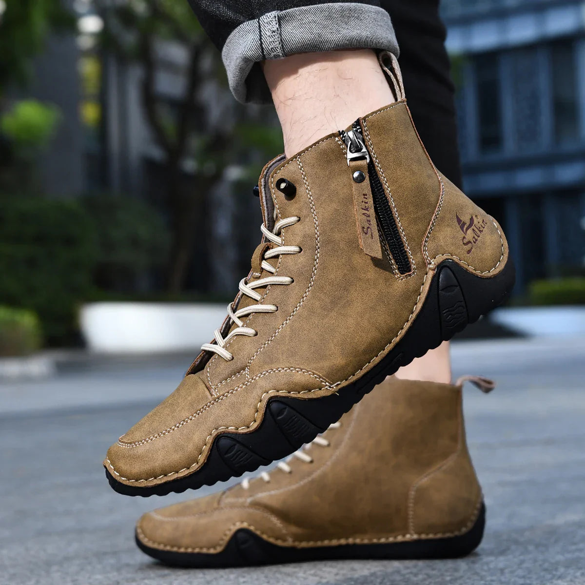 New 2025 Handmade Casual Shoes Men Sneakers Ankle Boots Leather Side Zipper Comfortable Breathable Anti-Slip Outdoor Walking