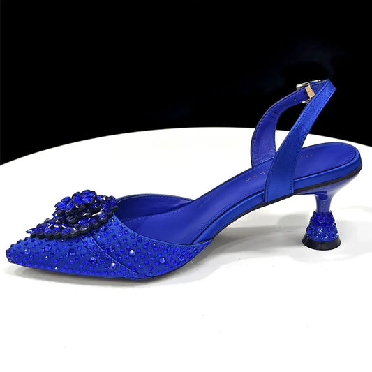 Blue Color Rhinestone Comfortable high heel shoe And Bag Fashion Style Pointed-Toe Shoes For Women Or Commuting Shoes