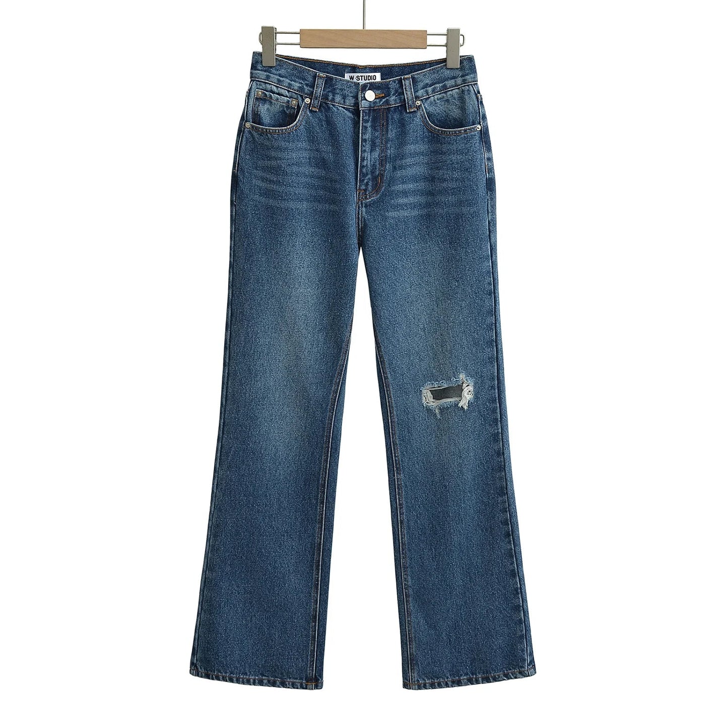 High‑Waist Straight‑Leg Distressed Jeans