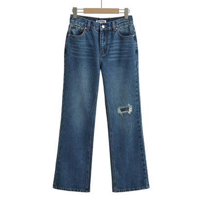 High‑Waist Straight‑Leg Distressed Jeans