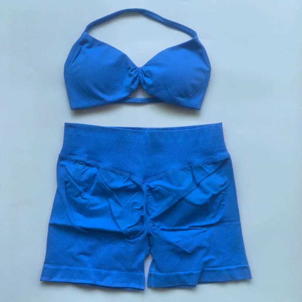 NO LOGO 2PCS Gym Set Women Strappy Yoga Bra Top High Waist Workout Scrunch Shorts Sports Suit Seamless Yoga Set Fitness Clothes