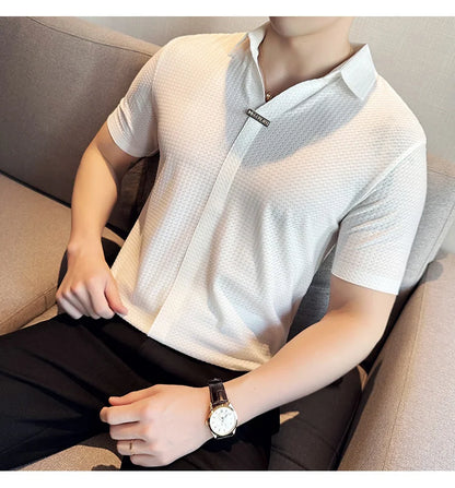 High-Grade Ice Silk Seamless Adhesive Polo Shirt, High-Elastic V-neck Thin Waffle Short-Sleeved Golf Shirt, T-shirt