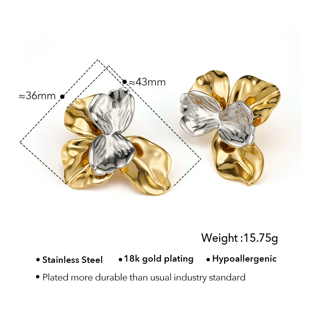 Two Tone Flower Stud Earrings For Women's Stainless steel 18K Gold Plated Fashion Dating E251745