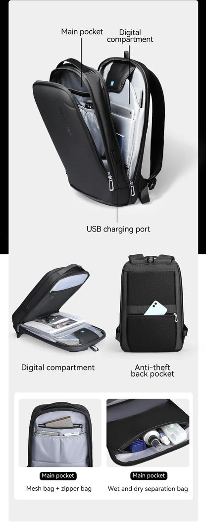 Slim Laptop Backpack for Men Business Minimalist Backpack YKK Zipper Scratch Resistant With USB