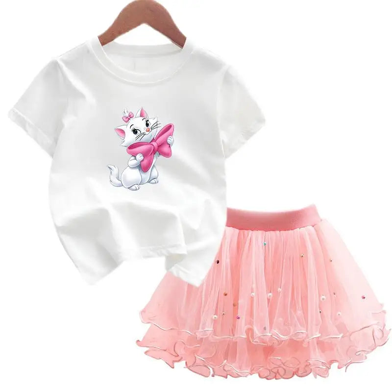 The Aristocats Marie Cat 2Pcs/Set Girl Dress Kid Birthday Clothes Party Princess Dress T-shirt+Tutu Skirt Summer Christmas Gift