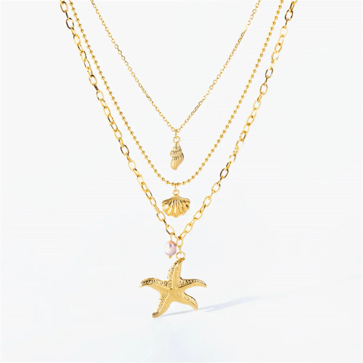 Women's 316L Stainless Steel Starfish Conch Shell Pearl Pendant Necklace 3-in-1 Choker Chain Jewelry Gift