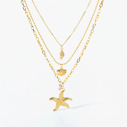 Women's 316L Stainless Steel Starfish Conch Shell Pearl Pendant Necklace 3-in-1 Choker Chain Jewelry Gift