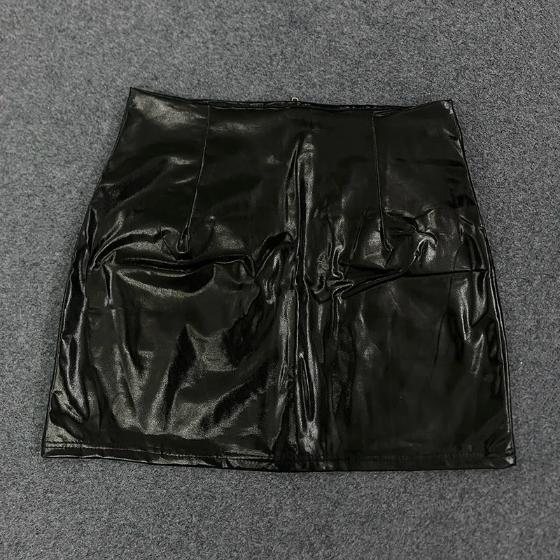 Women's Spring Casual PU Leather Short Skirt Black Mini Sexy Versatile Double Pocket Decoration Fashionable Spring Wear