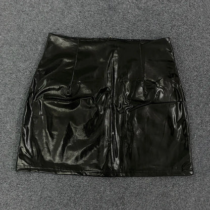 Women's Spring Casual PU Leather Short Skirt Black Mini Sexy Versatile Double Pocket Decoration Fashionable Spring Wear