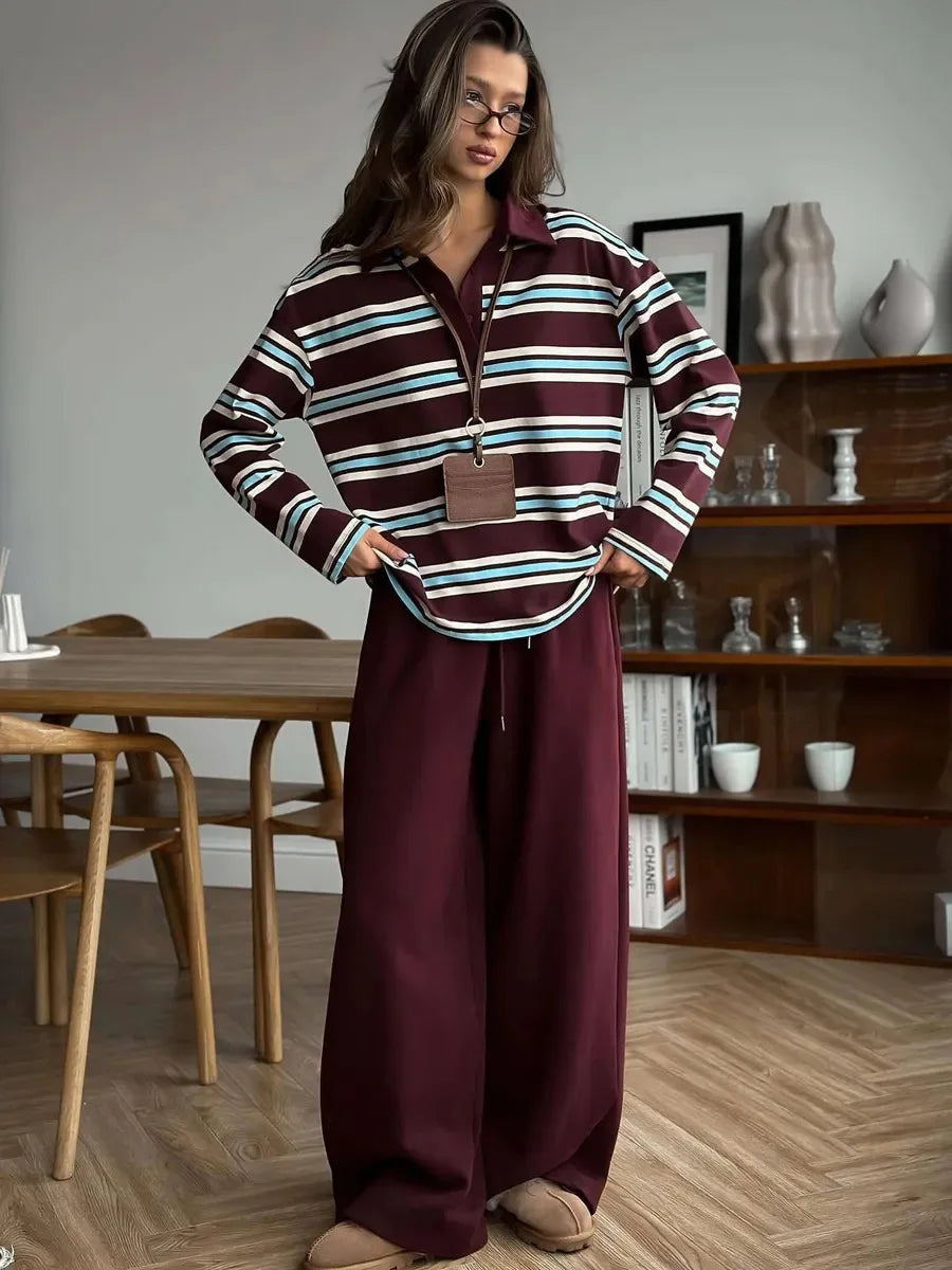 Autumn Casual Stripes Contrast Long-sleeved T-shirt Women Button Lapel Polo Shirt Tshirts New Streetwear Retro Chic Tops 2025