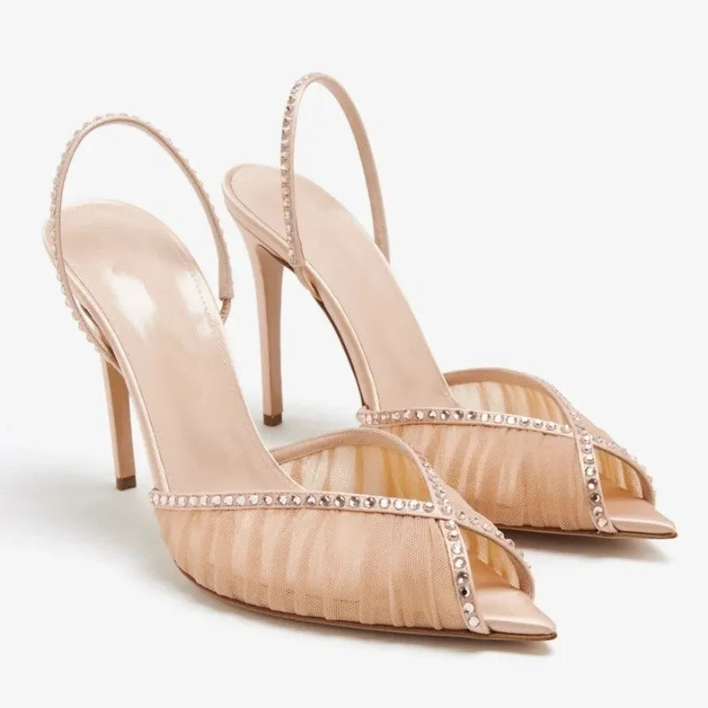 Trending Ladies Shoes 2026 Women Sandals High Heels Summer Luxury Shoes Nude Pink Mesh Slingback Stiletto Party Runway Sandals