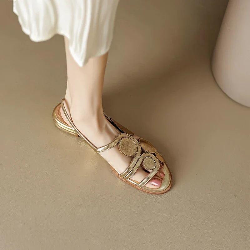 Women's New Round Head Spring/Summer Genuine Leather Sheepskin Spliced Low Heel Large Size Elastic Open Toe Sandals